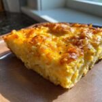 A close-up of a square slice of golden brown Copycat Cracker Barrel Hashbrown Casserole, showing shredded potatoes and melted cheese.