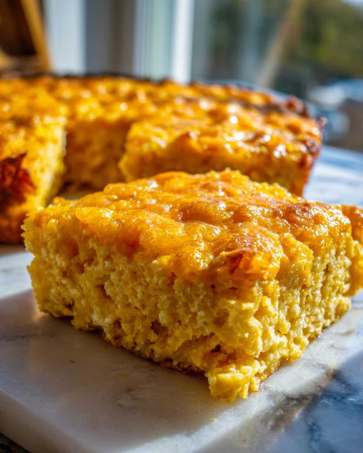 A close-up, golden slice of Copycat Cracker Barrel Hashbrown Casserole with a cheesy, baked top.