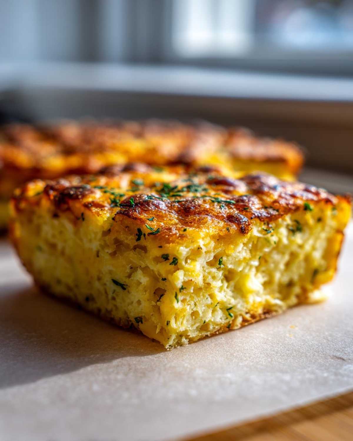 Close-up of a golden brown slice of Copycat Cracker Barrel Hashbrown Casserole, topped with herbs.