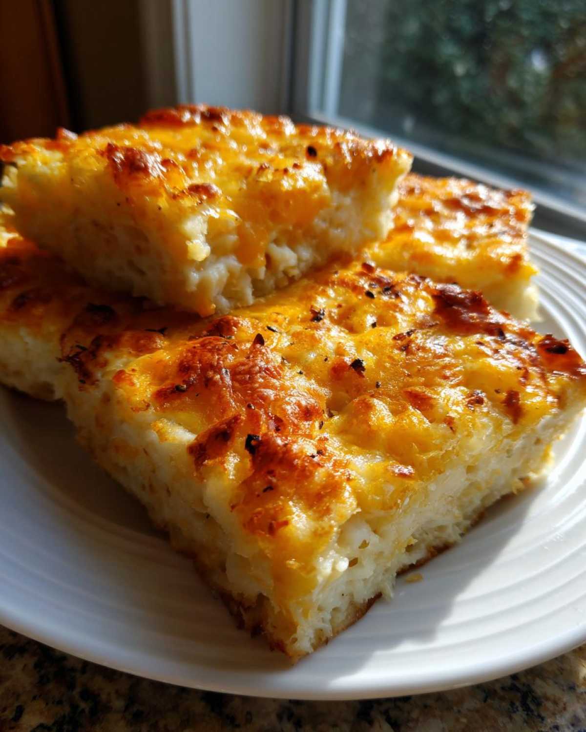 Three squares of golden, cheesy Copycat Cracker Barrel Hashbrown Casserole served on a white plate.