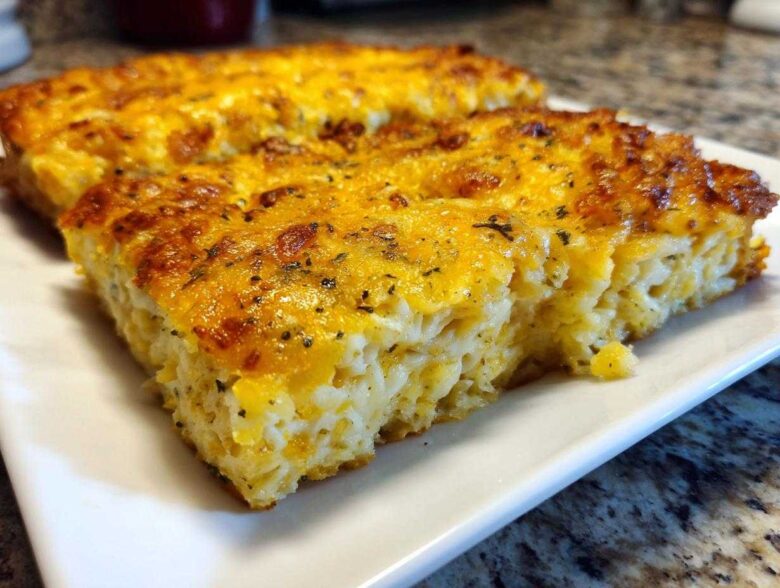 Two slices of golden brown Copycat Cracker Barrel Hashbrown Casserole on a white plate.