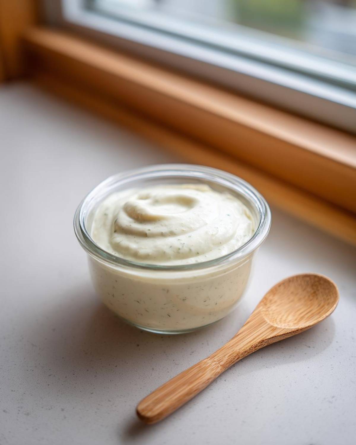 A small glass jar filled with creamy Copycat Olive Garden Salad Dressing next to a small wooden spoon.