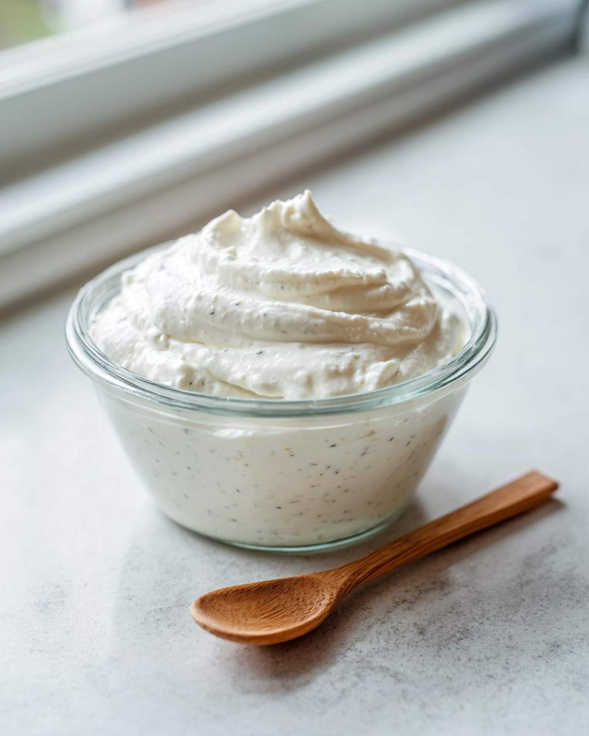 Thick, creamy Copycat Olive Garden Salad Dressing with visible herbs in a glass bowl next to a small wooden spoon.