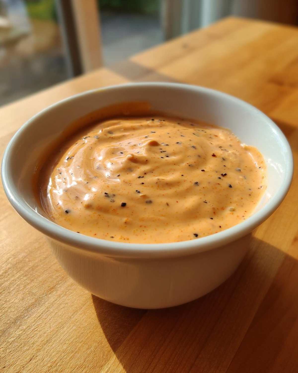 Close-up of a white bowl filled with creamy, orange-hued Copycat Raising Cane’s Sauce speckled with black pepper.