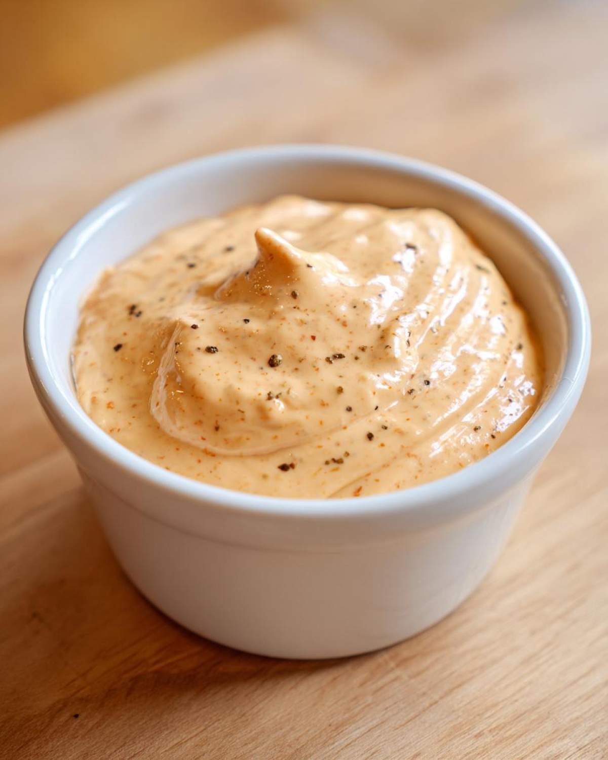 A close-up of thick, creamy Copycat Raising Cane’s Sauce speckled with black pepper in a small white ramekin.