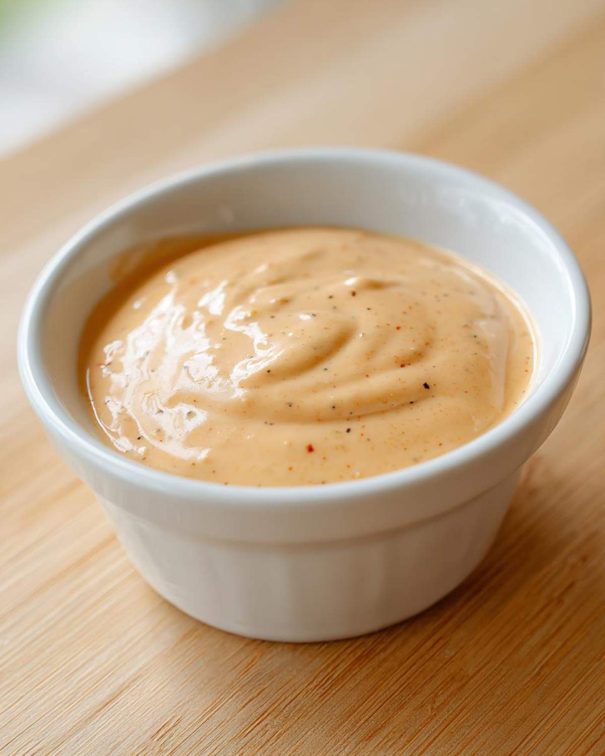A close-up of creamy, orange-hued Copycat Raising Cane’s Sauce speckled with spices, served in a small white ramekin.