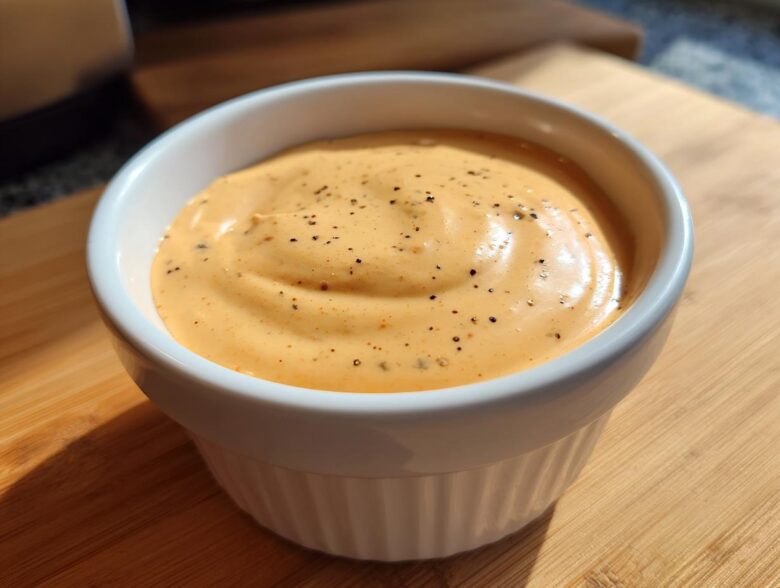 Close-up of creamy, orange-hued Copycat Raising Cane’s Sauce, topped with black pepper, in a white ramekin.