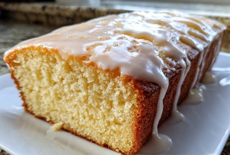 Close-up of a moist Copycat Starbucks Iced Lemon Loaf with thick white glaze dripping down the sides.