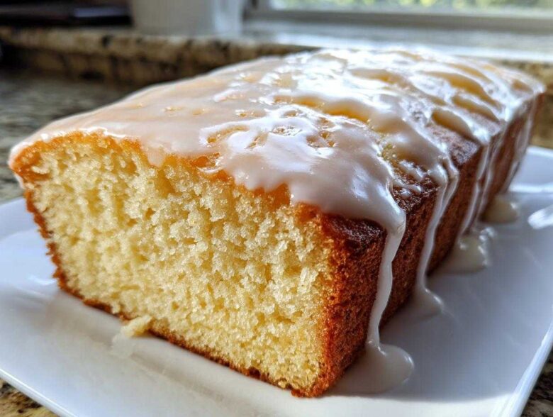 Close-up of a moist Copycat Starbucks Iced Lemon Loaf with thick white glaze dripping down the sides.