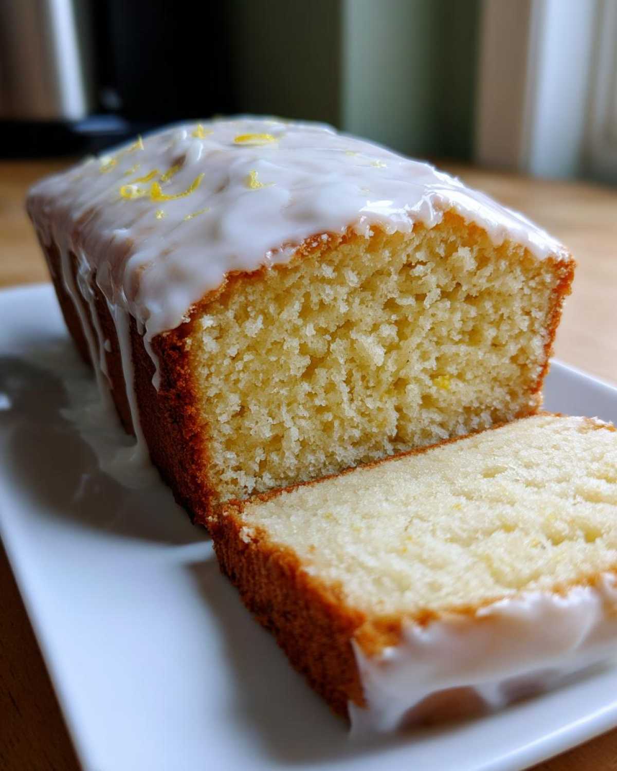 A moist slice cut from the Copycat Starbucks Iced Lemon Loaf, showing the dense crumb and thick white lemon glaze.