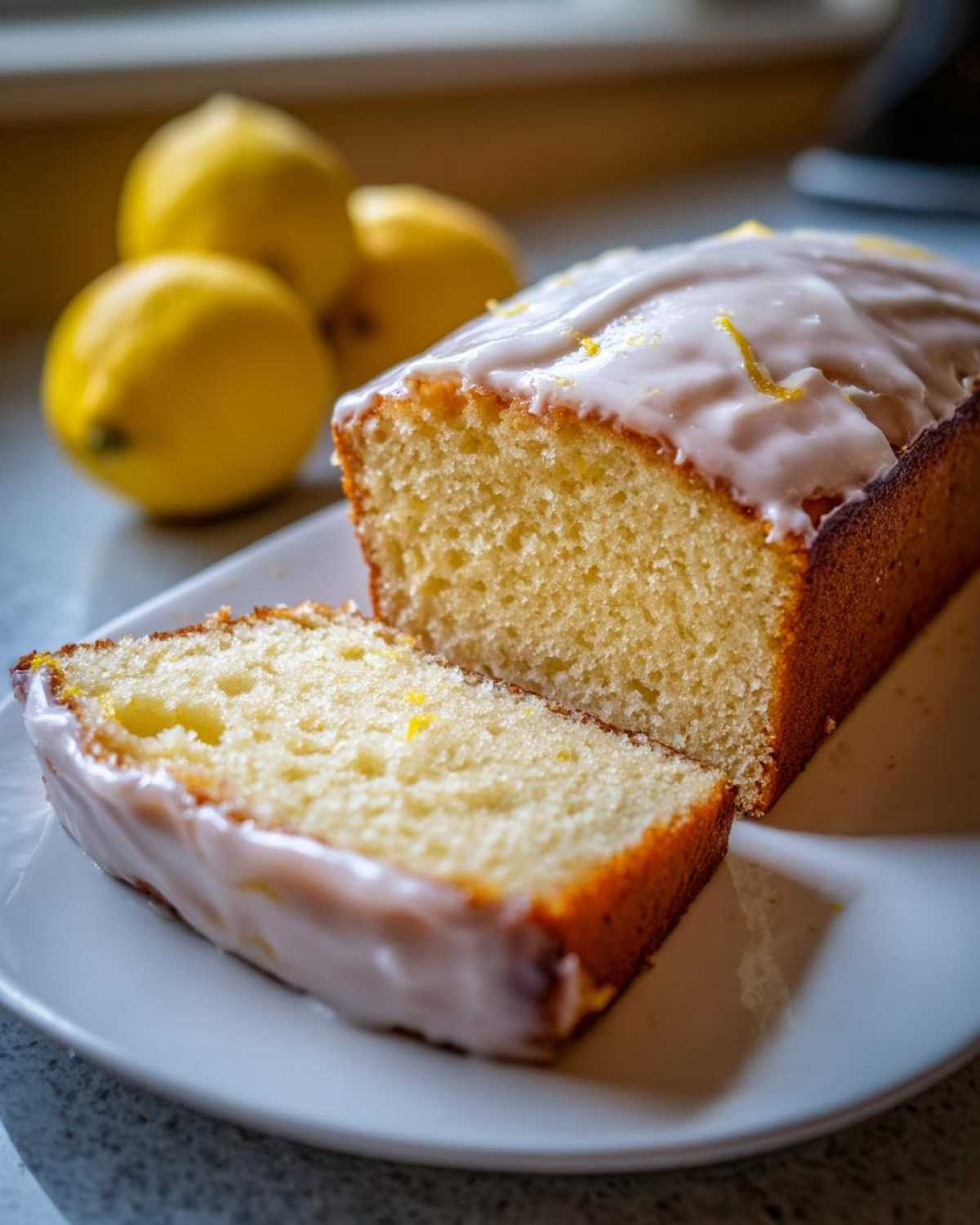 A slice cut from a Copycat Starbucks Iced Lemon Loaf, showing the moist crumb and thick lemon glaze.