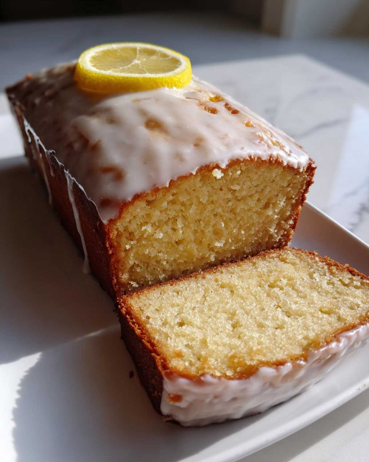 A slice cut from a Copycat Starbucks Iced Lemon Loaf topped with thick white glaze and a lemon slice.