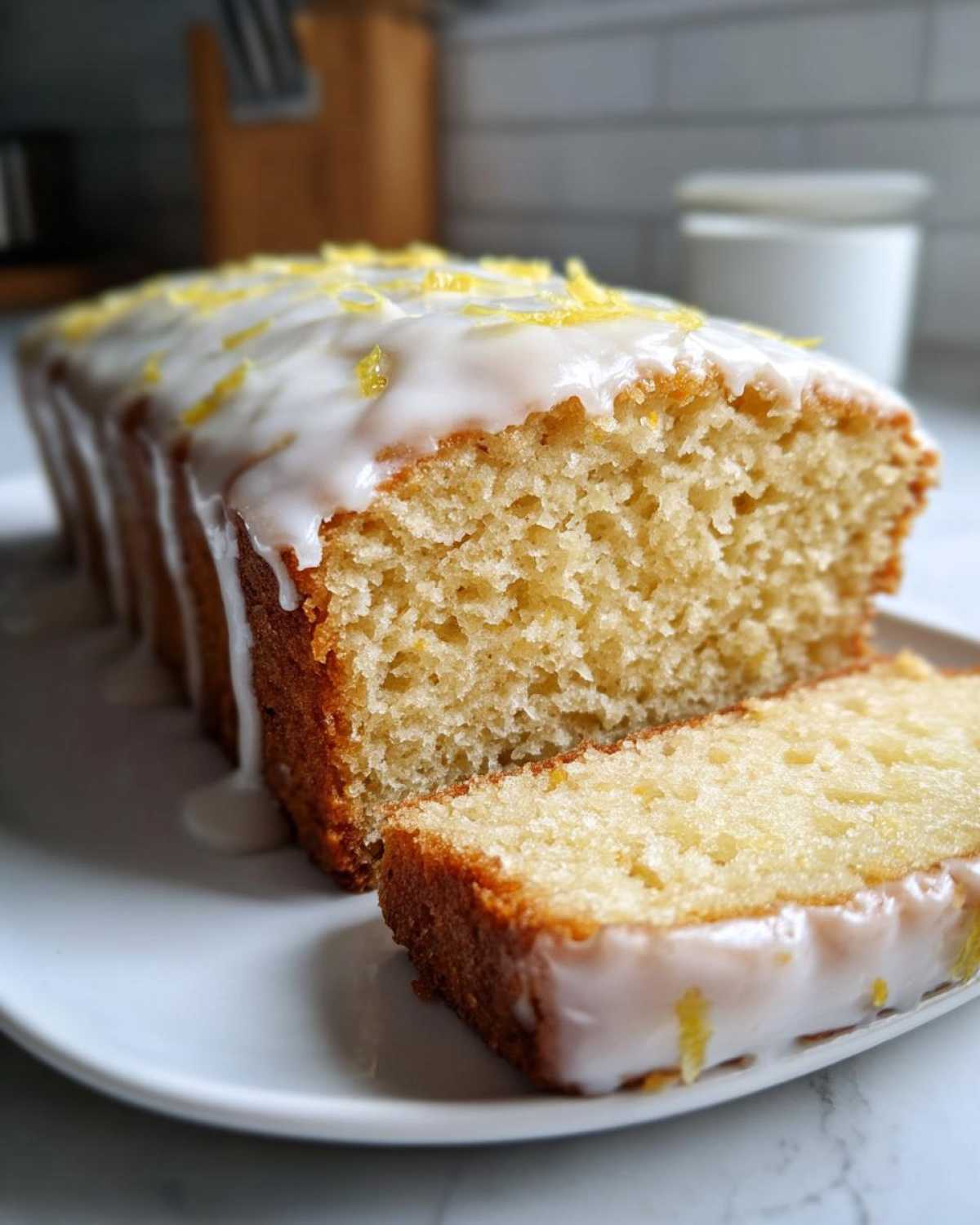 A close-up of a sliced Copycat Starbucks Iced Lemon Loaf topped with thick white glaze and lemon zest.