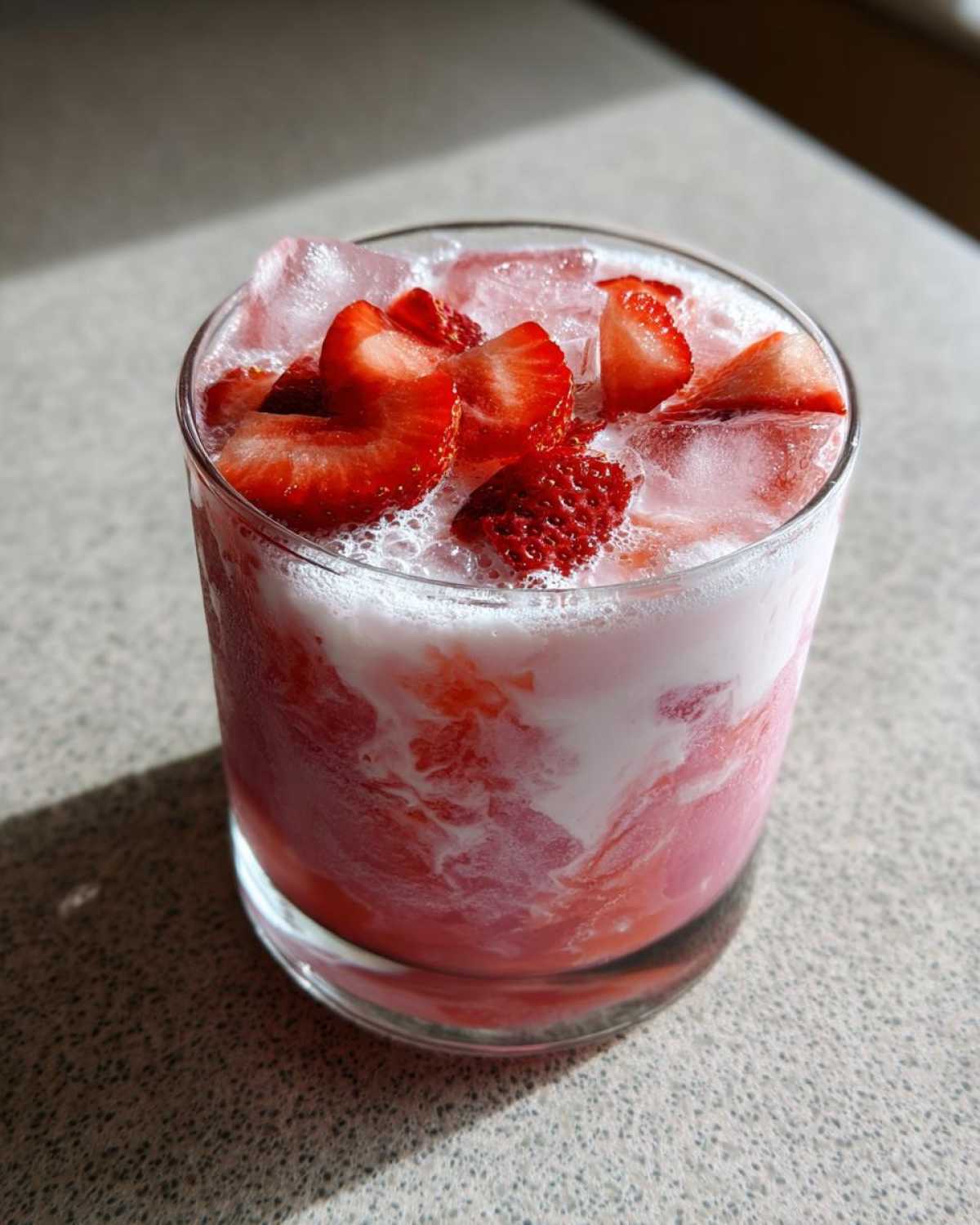 A glass filled with a swirling pink and white Copycat Starbucks Pink Drink, topped with ice and fresh strawberry slices.
