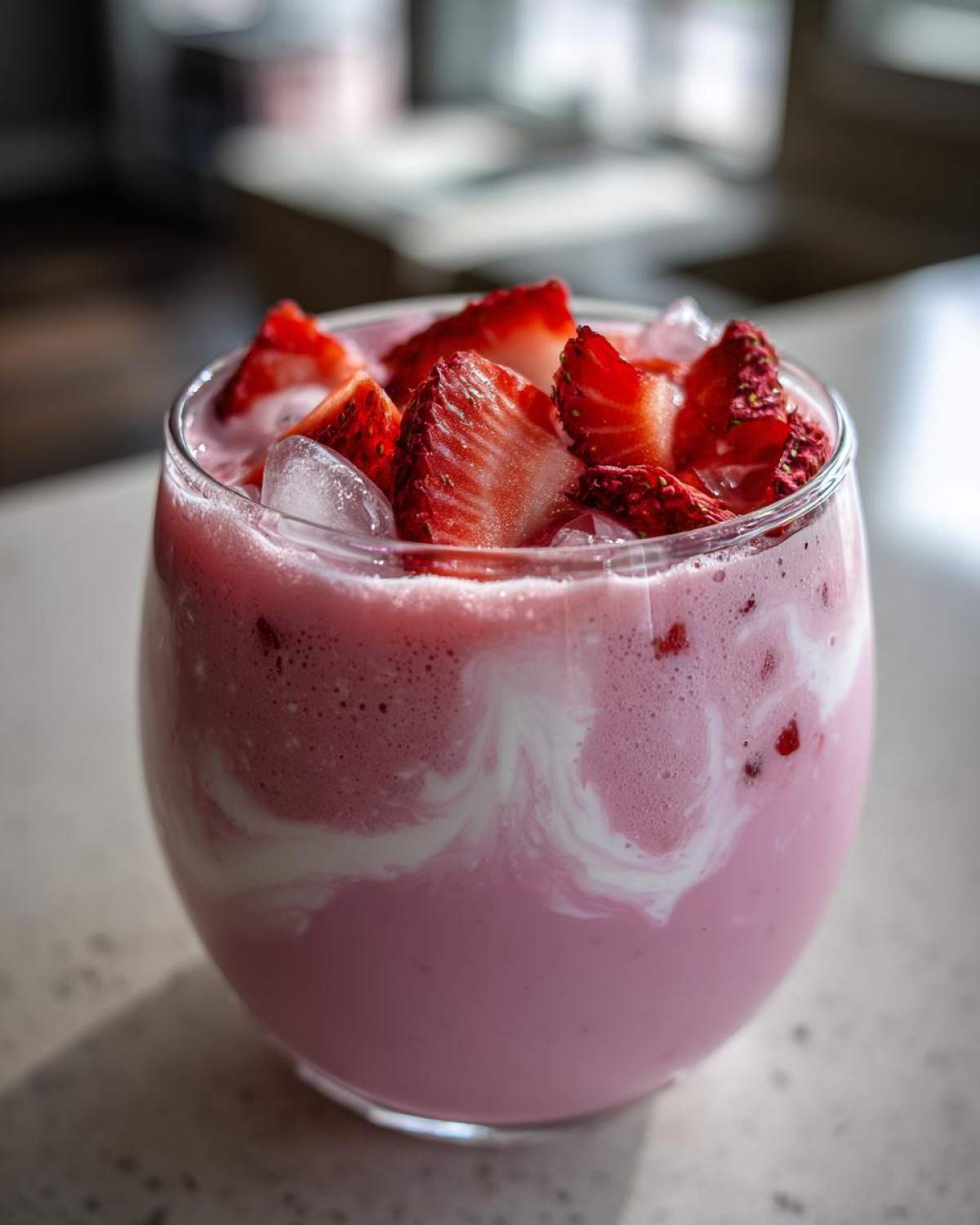 A refreshing glass of Copycat Starbucks Pink Drink, showing pink liquid, swirls of cream, ice, and fresh strawberry slices on top.