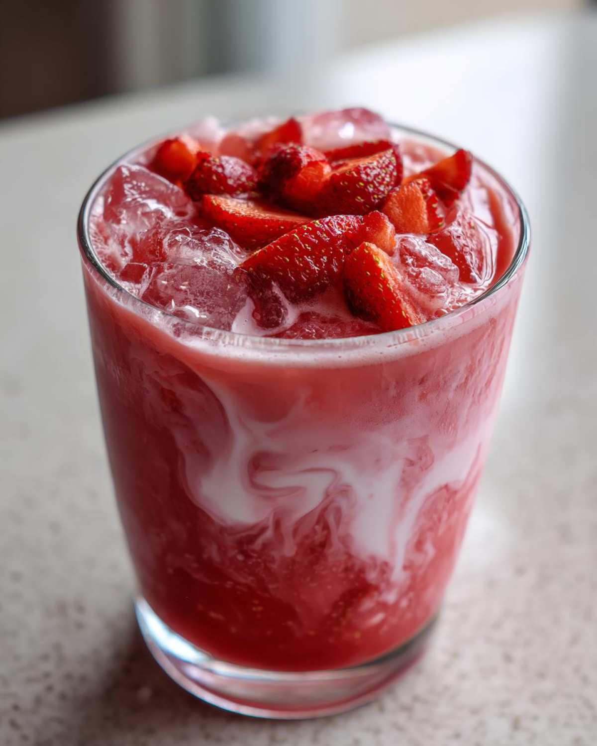 A refreshing glass of Copycat Starbucks Pink Drink swirled with coconut milk and topped with ice and sliced strawberries.
