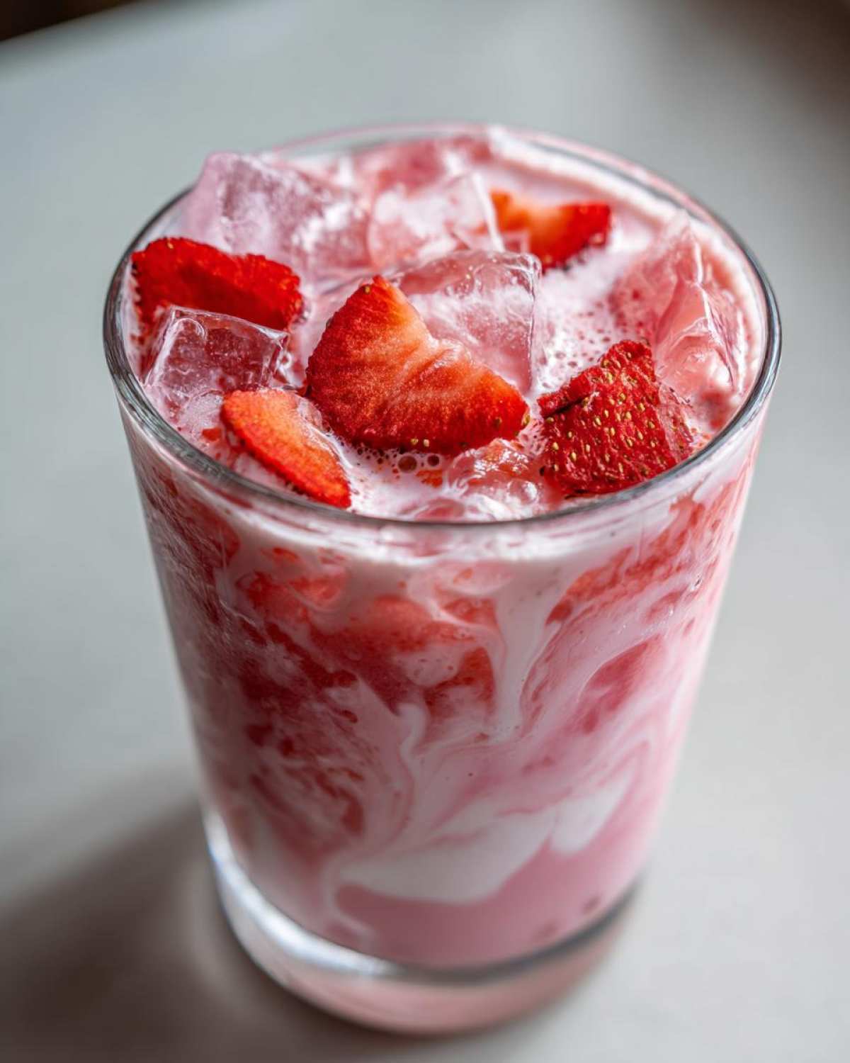 Close-up of a glass filled with the pink and white swirled Copycat Starbucks Pink Drink, topped with ice and fresh strawberry slices.