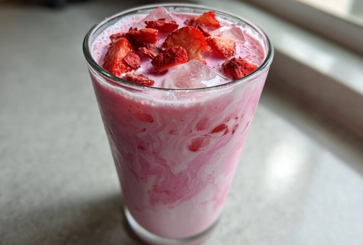 A tall glass filled with a swirling pink and white Copycat Starbucks Pink Drink, topped with ice and dried strawberry pieces.
