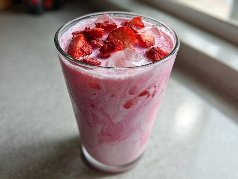 A tall glass filled with a swirling pink and white Copycat Starbucks Pink Drink, topped with ice and dried strawberry pieces.