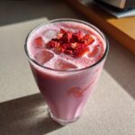 A tall glass filled with a creamy pink beverage, ice cubes, and topped with freeze-dried strawberries, resembling a Copycat Starbucks Pink Drink.