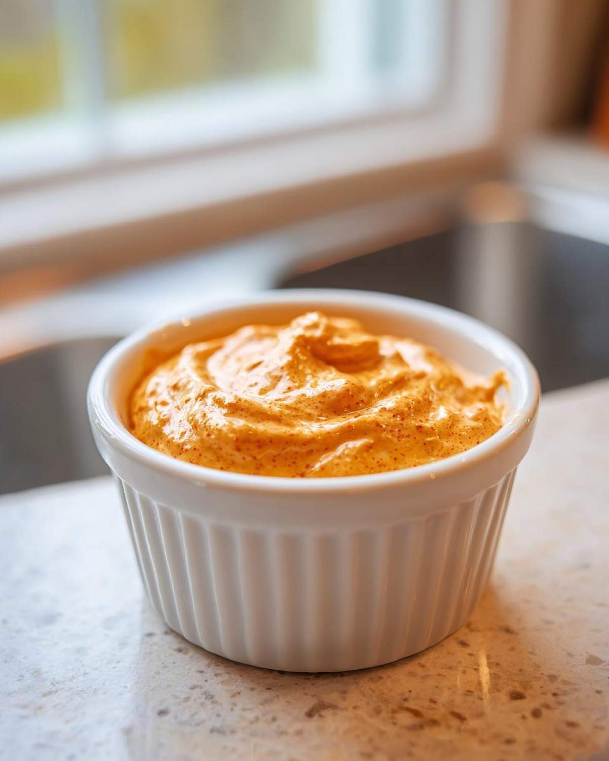 A close-up of the creamy, orange Copycat Taco Bell Chicken Quesadilla Sauce in a white fluted ramekin.