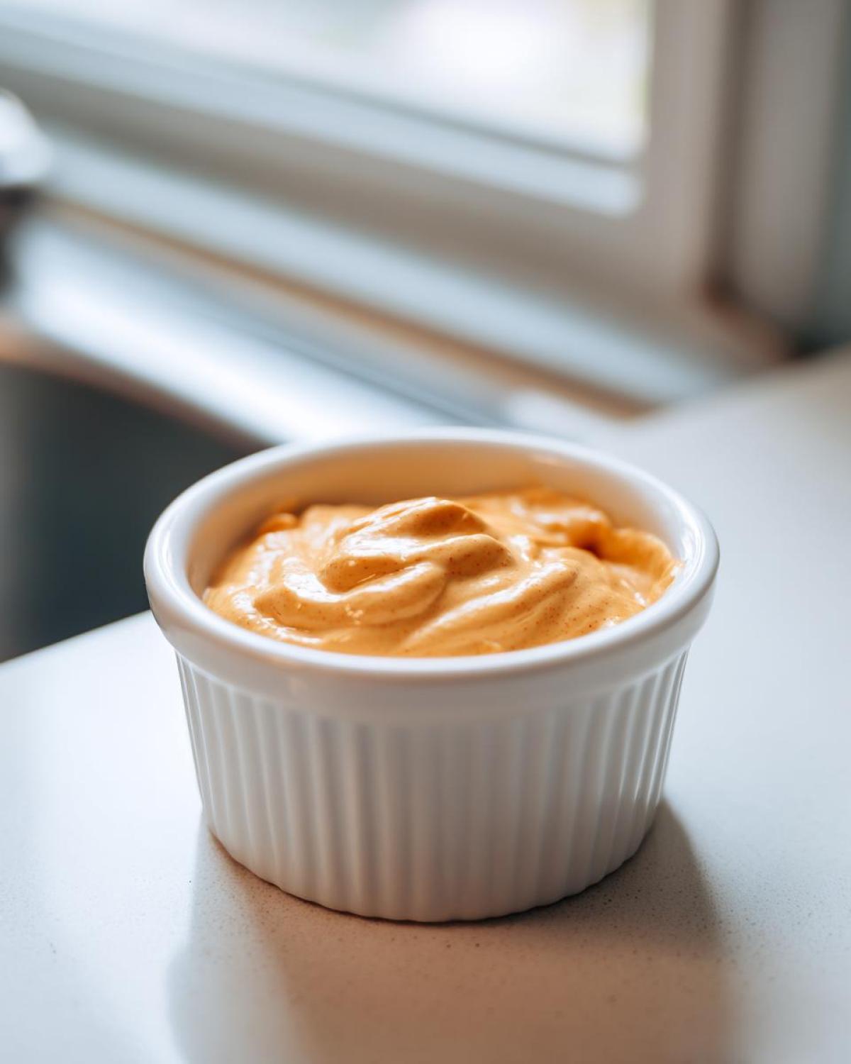 A small white ramekin filled with creamy, orange Copycat Taco Bell Chicken Quesadilla Sauce.