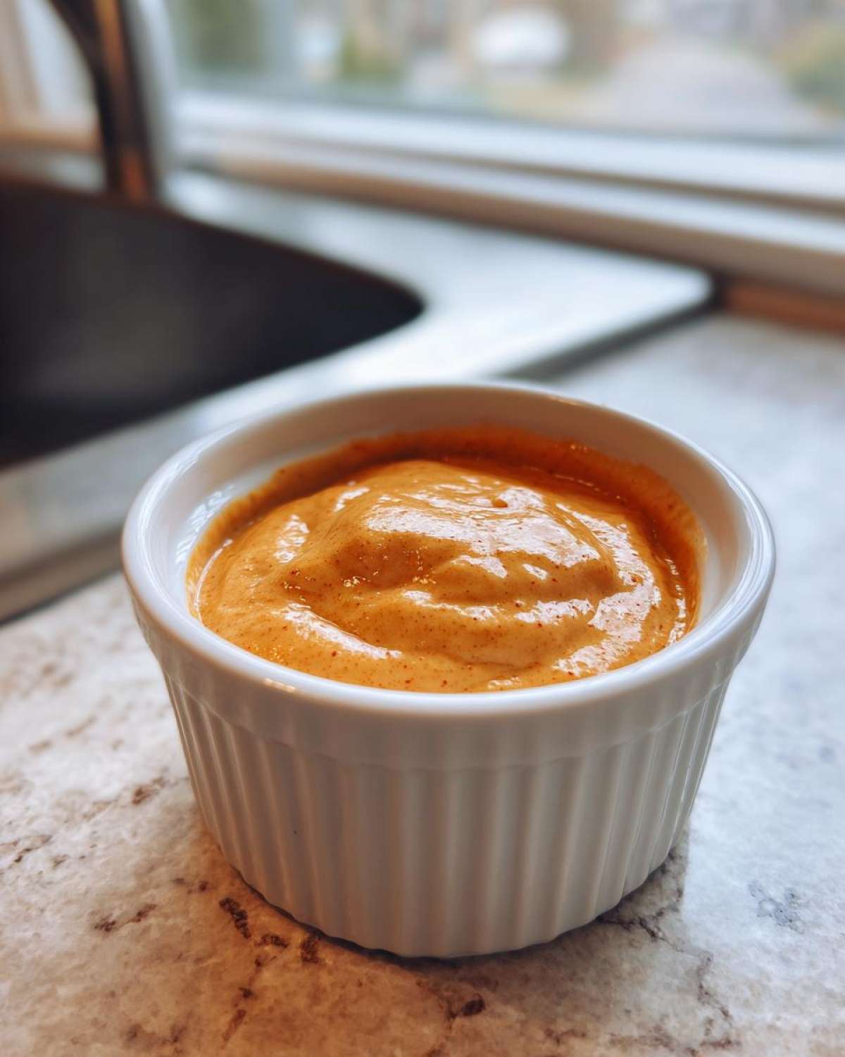 A small white ramekin filled with creamy, orange-hued Copycat Taco Bell Chicken Quesadilla Sauce.