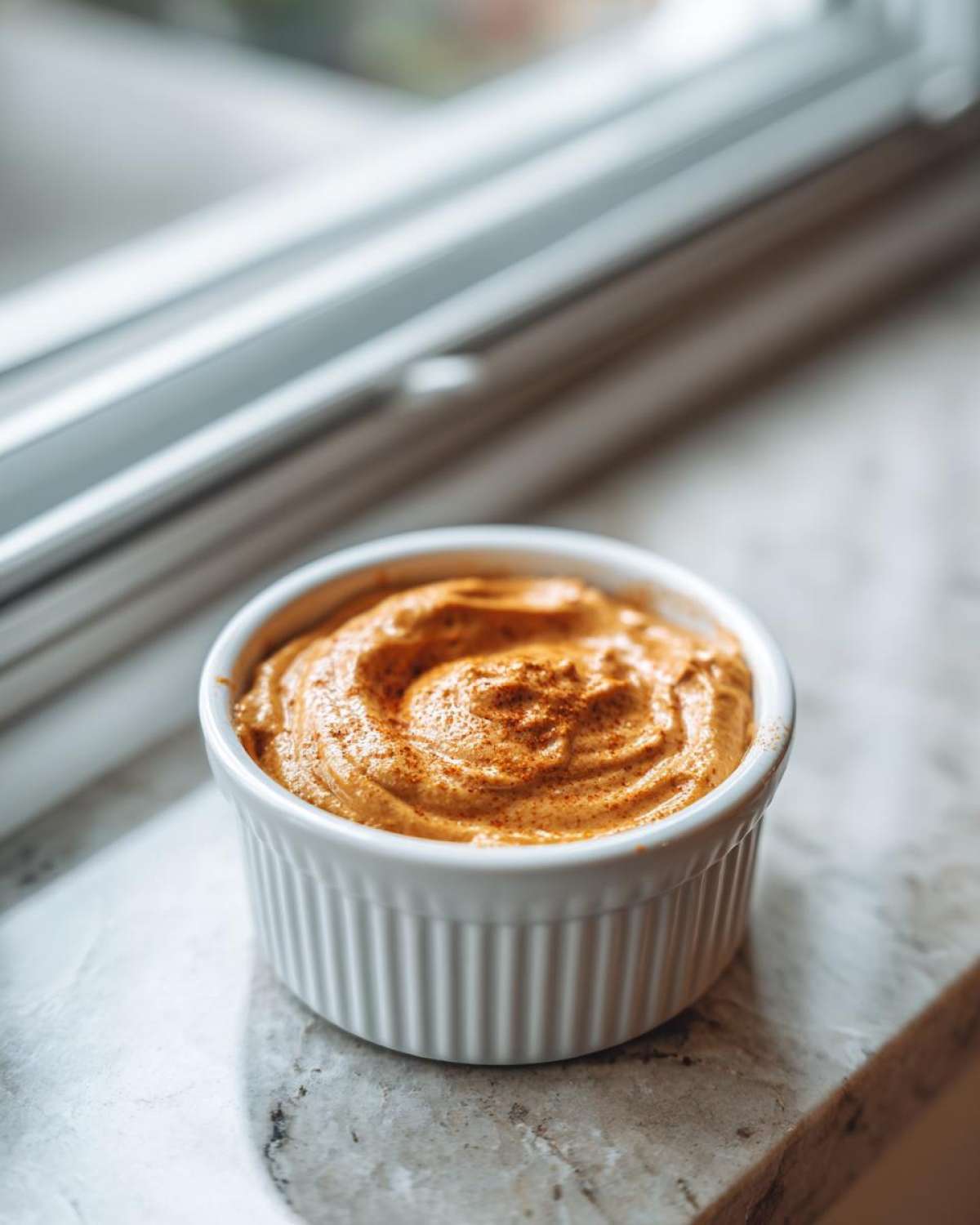A small white ramekin filled with thick, orange Copycat Taco Bell Chicken Quesadilla Sauce, dusted with spice.