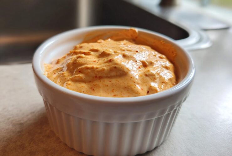Close-up of creamy, orange-hued Copycat Taco Bell Chicken Quesadilla Sauce in a white fluted ramekin.