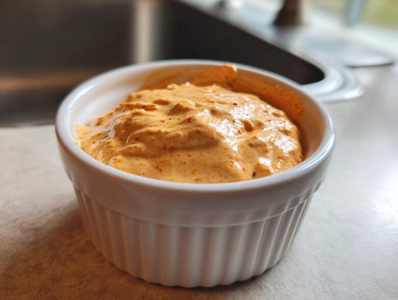 Close-up of creamy, orange-hued Copycat Taco Bell Chicken Quesadilla Sauce in a white fluted ramekin.