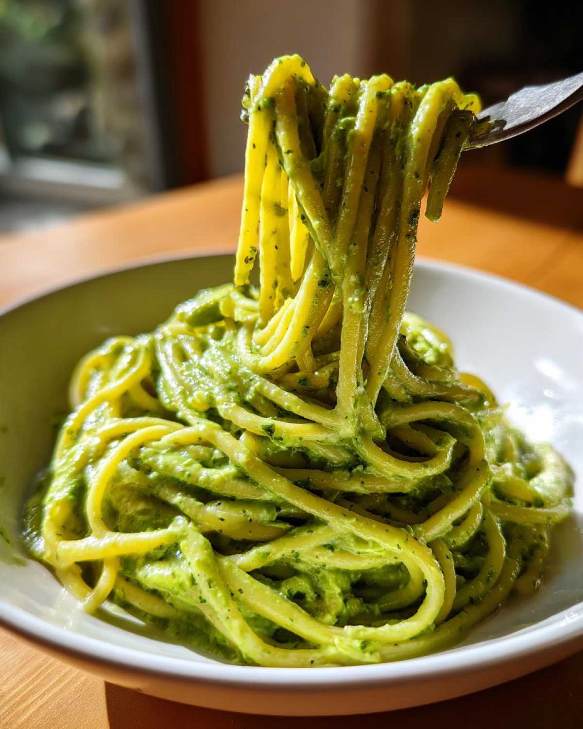 A fork lifting strands of spaghetti coated in rich, green Creamy Avocado Pasta sauce from a white bowl.