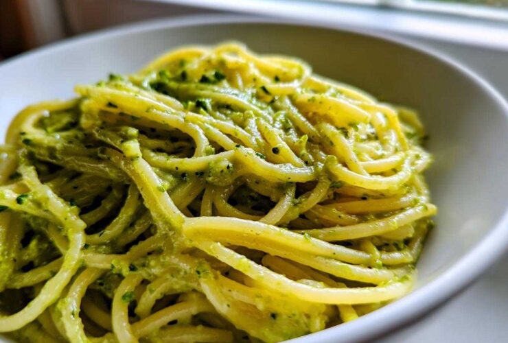 A close-up of spaghetti coated in vibrant green, creamy avocado pasta sauce served in a white bowl.
