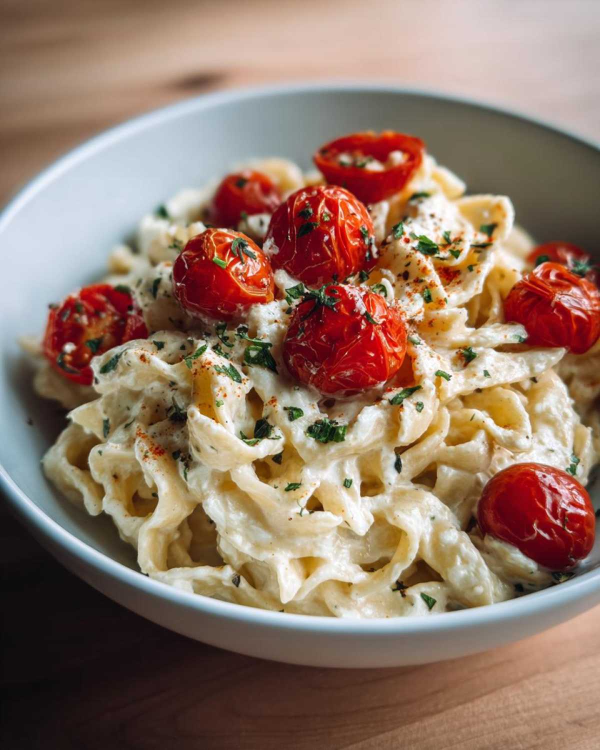 A close-up of creamy Baked Feta Pasta with roasted cherry tomatoes, garnished with parsley.