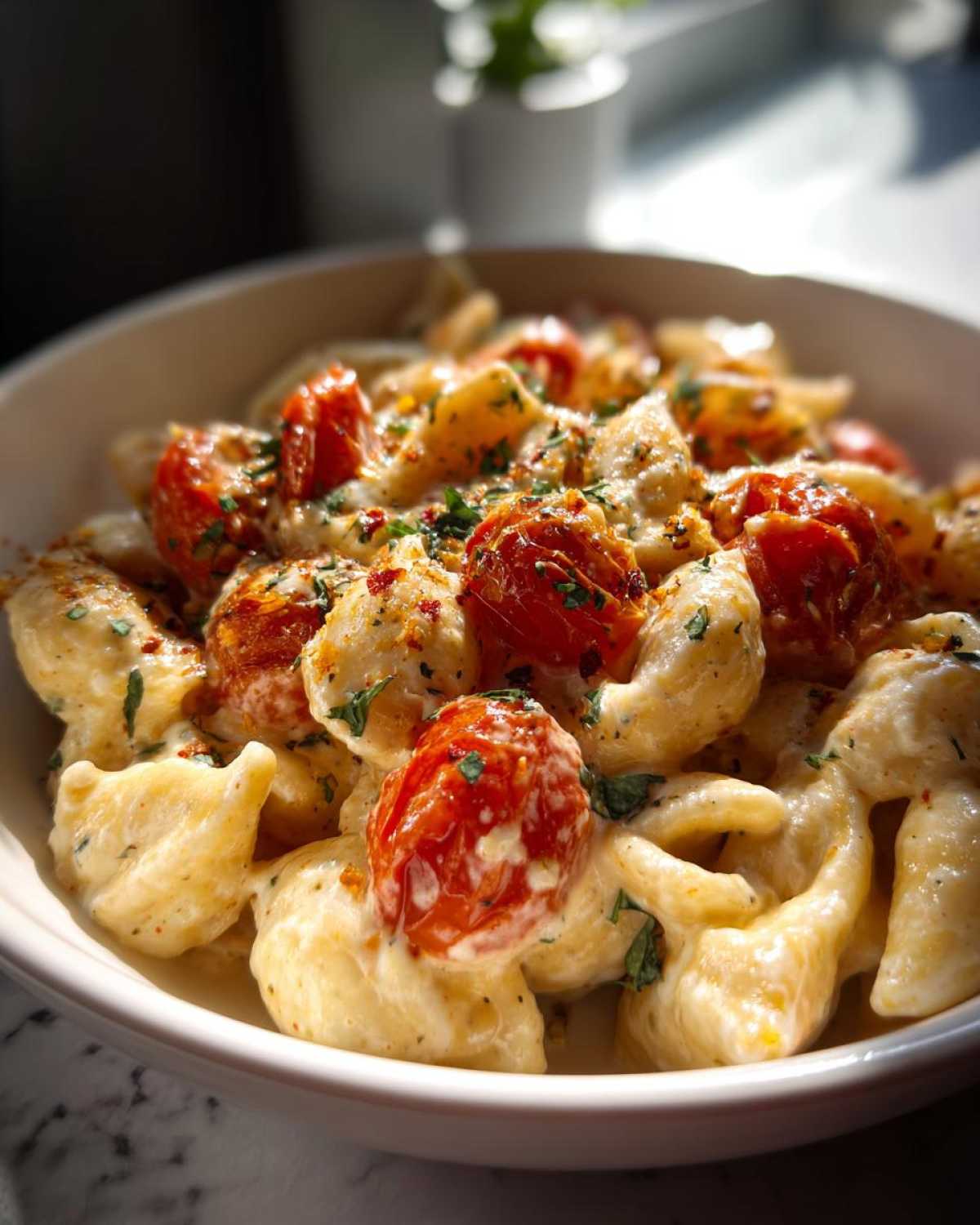 A close-up of creamy Baked Feta Pasta with cherry tomatoes, herbs, and spices in a white bowl.