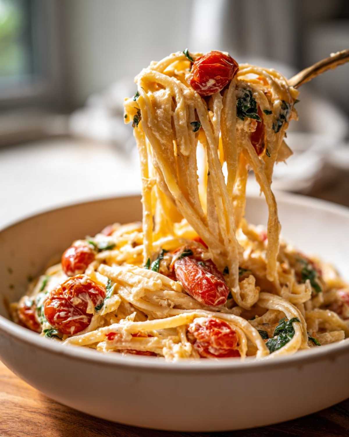A fork lifting creamy strands of spaghetti mixed with roasted cherry tomatoes in Baked Feta Pasta.