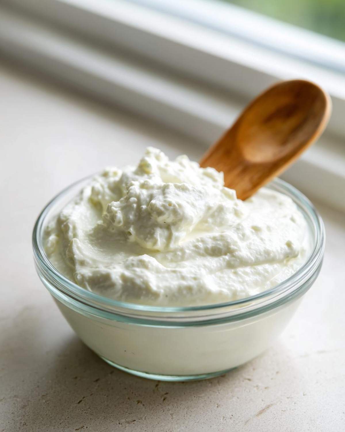 A glass bowl filled with thick, creamy white dressing base for Copycat Olive Garden Salad Dressing, with a wooden spoon resting inside.