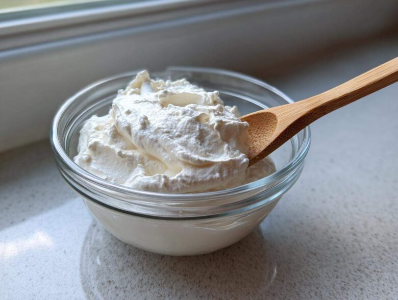 A glass bowl filled with thick, creamy white dressing, likely the base for Copycat Olive Garden Salad Dressing, with a wooden spoon resting in it.