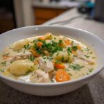 A close-up of a white bowl filled with rich Creamy Chicken Gnocchi Soup, topped with fresh parsley.