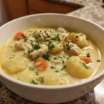 Close-up of a white bowl filled with Creamy Chicken Gnocchi Soup, featuring soft gnocchi, chicken chunks, carrots, and fresh parsley.