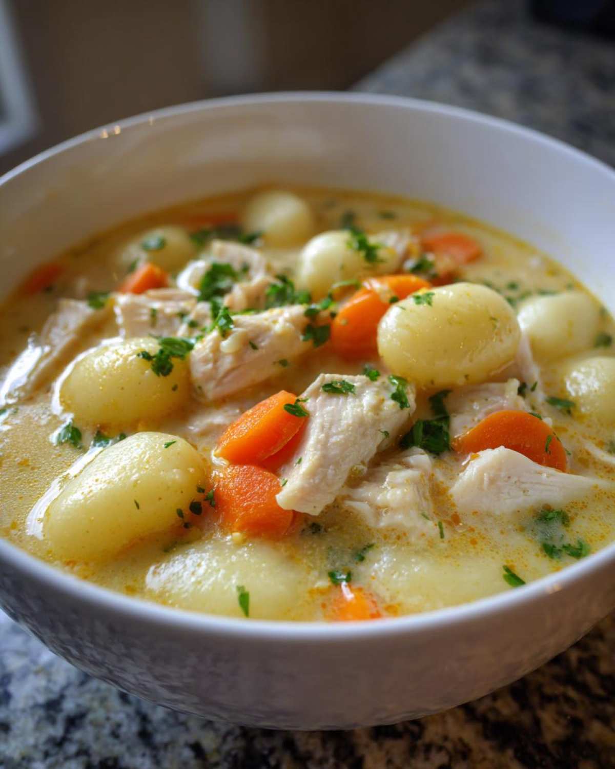 Close-up of a white bowl filled with Creamy Chicken Gnocchi Soup, featuring tender chicken, soft gnocchi, and bright orange carrots.