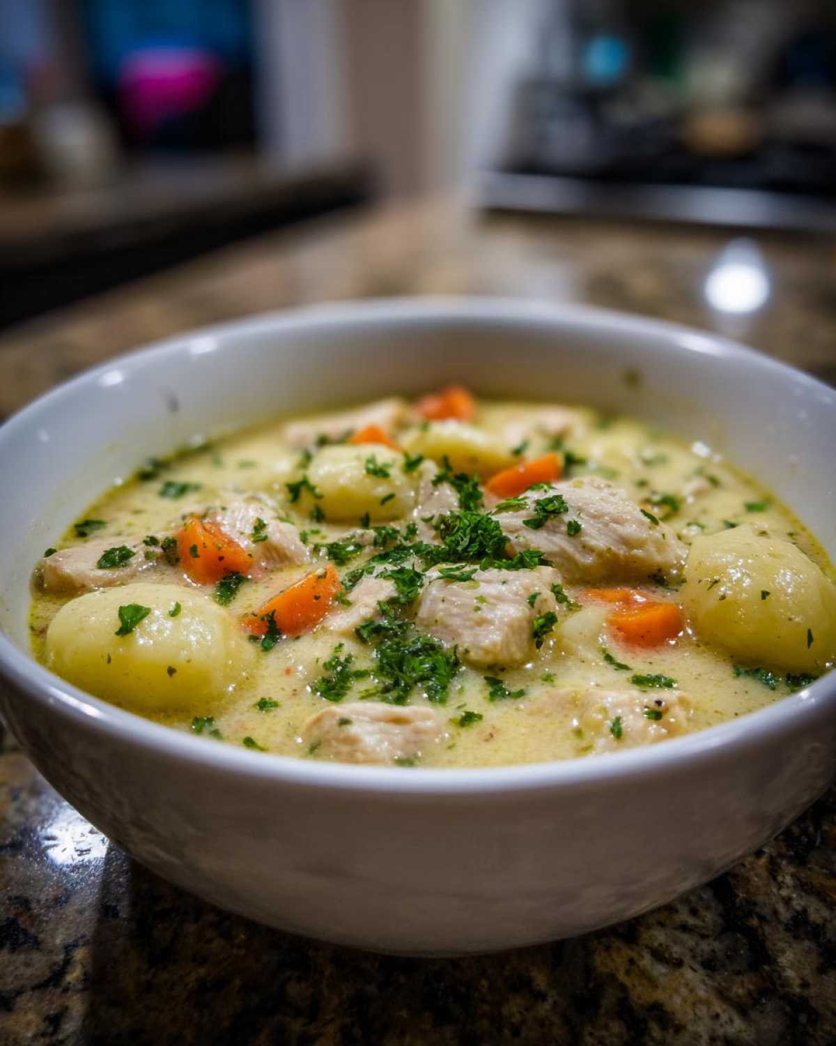 A close-up of a white bowl filled with creamy chicken gnocchi soup, featuring chunks of chicken, carrots, and gnocchi.
