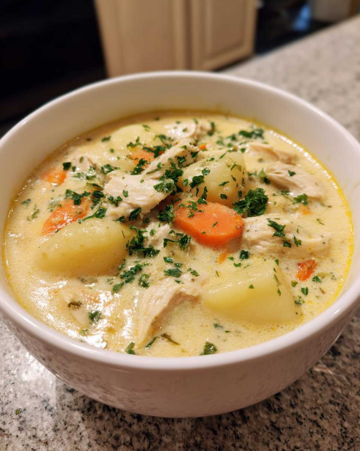 A close-up of a white bowl filled with rich Creamy Chicken Gnocchi Soup, featuring shredded chicken, potato gnocchi, carrots, and fresh parsley.