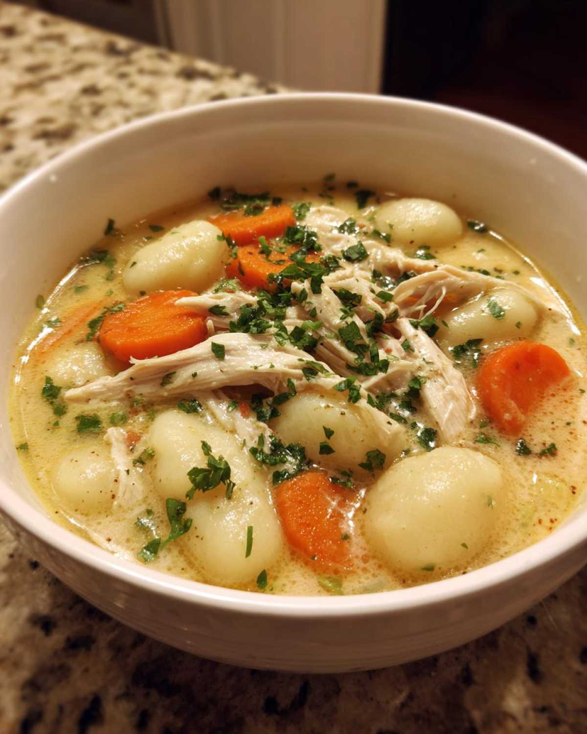 Close-up of a white bowl filled with Creamy Chicken Gnocchi Soup, featuring shredded chicken, soft gnocchi, and sliced carrots, topped with parsley.