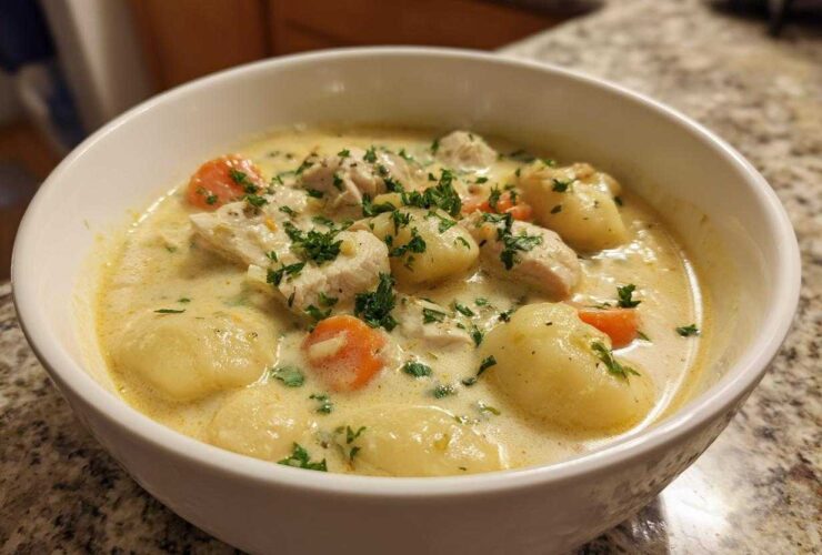 Close-up of a white bowl filled with Creamy Chicken Gnocchi Soup, featuring soft gnocchi, chicken chunks, carrots, and fresh parsley.