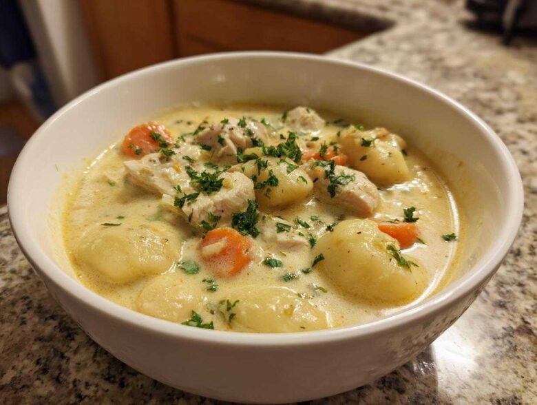 Close-up of a white bowl filled with Creamy Chicken Gnocchi Soup, featuring soft gnocchi, chicken chunks, carrots, and fresh parsley.