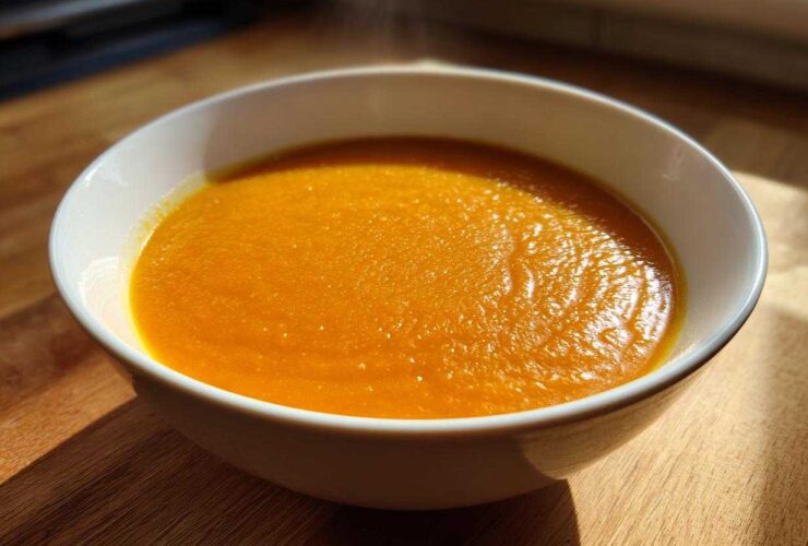 Close-up of a white bowl filled with hot, vibrant orange Creamy Coconut Lentil Soup on a wooden surface.