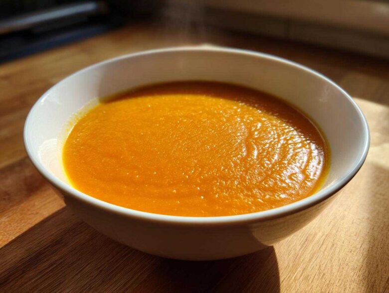 Close-up of a white bowl filled with hot, vibrant orange Creamy Coconut Lentil Soup on a wooden surface.