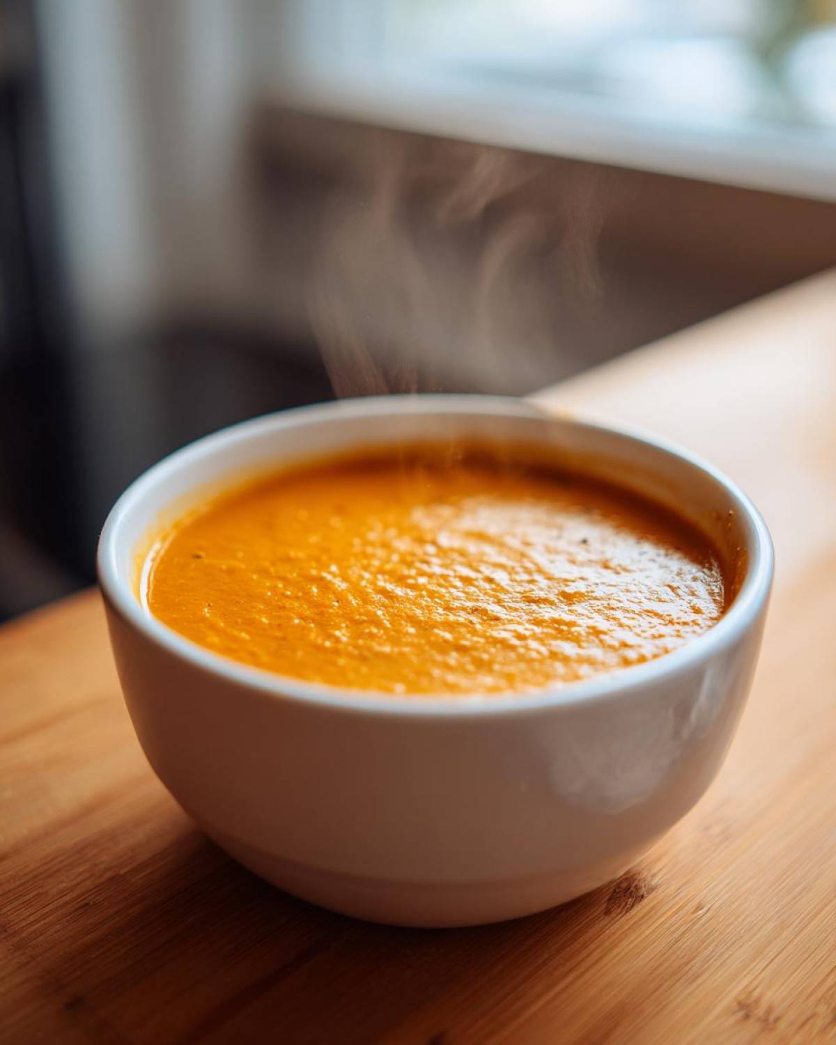 Close-up of a white bowl filled with hot, orange Creamy Coconut Lentil Soup, showing steam rising.