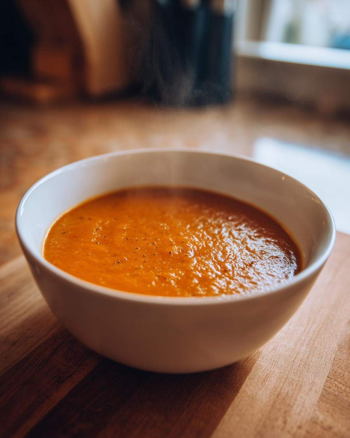 Close-up of a steaming white bowl filled with vibrant orange Creamy Coconut Lentil Soup on a wooden board.