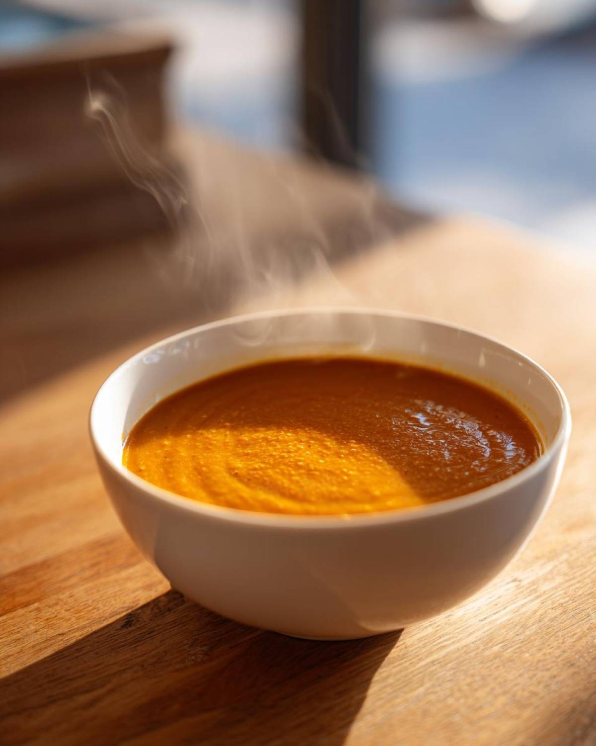 A white bowl filled with hot, orange Creamy Coconut Lentil Soup steaming gently on a wooden table.